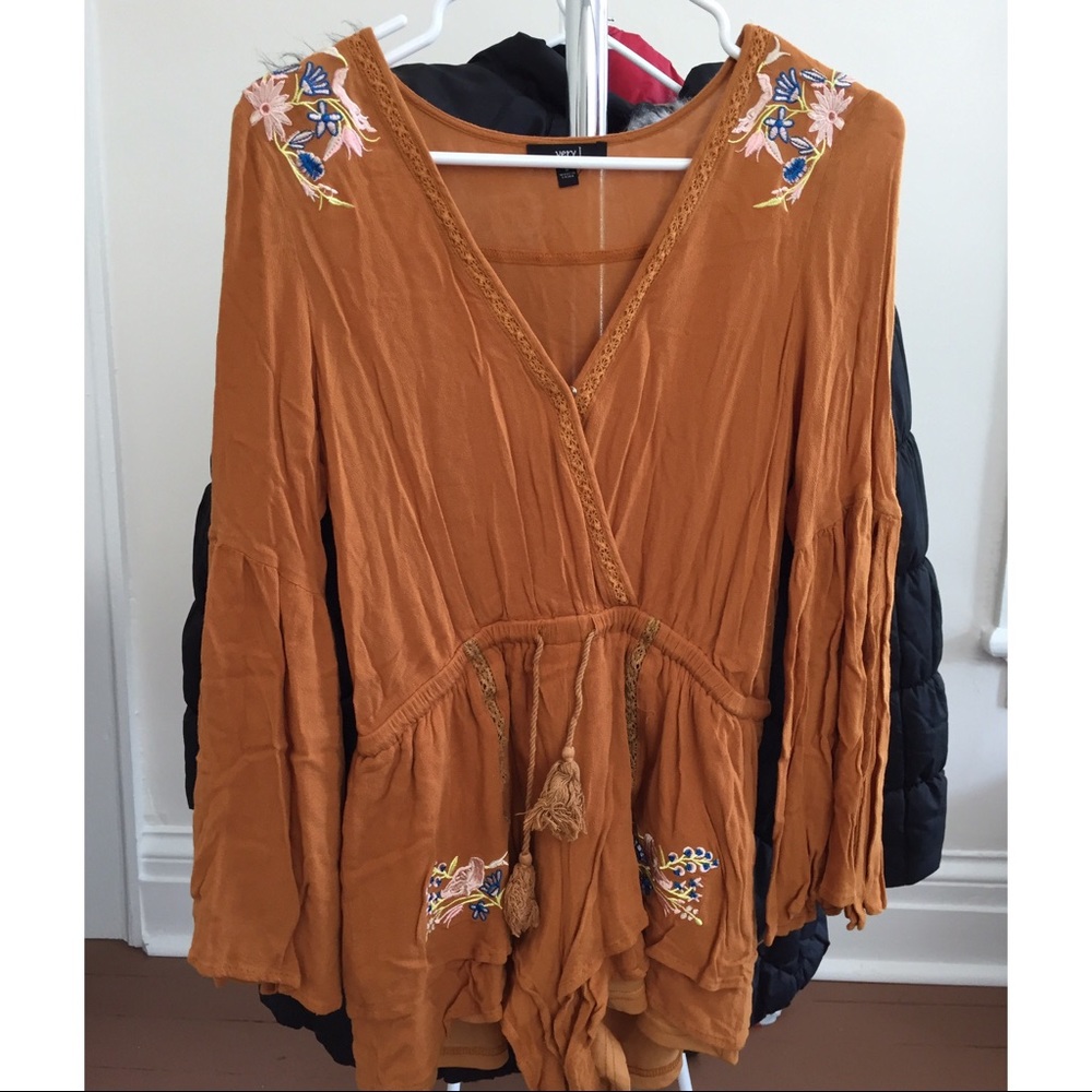 Rust Orange Brown Long Bell Sleeve Floral Romper